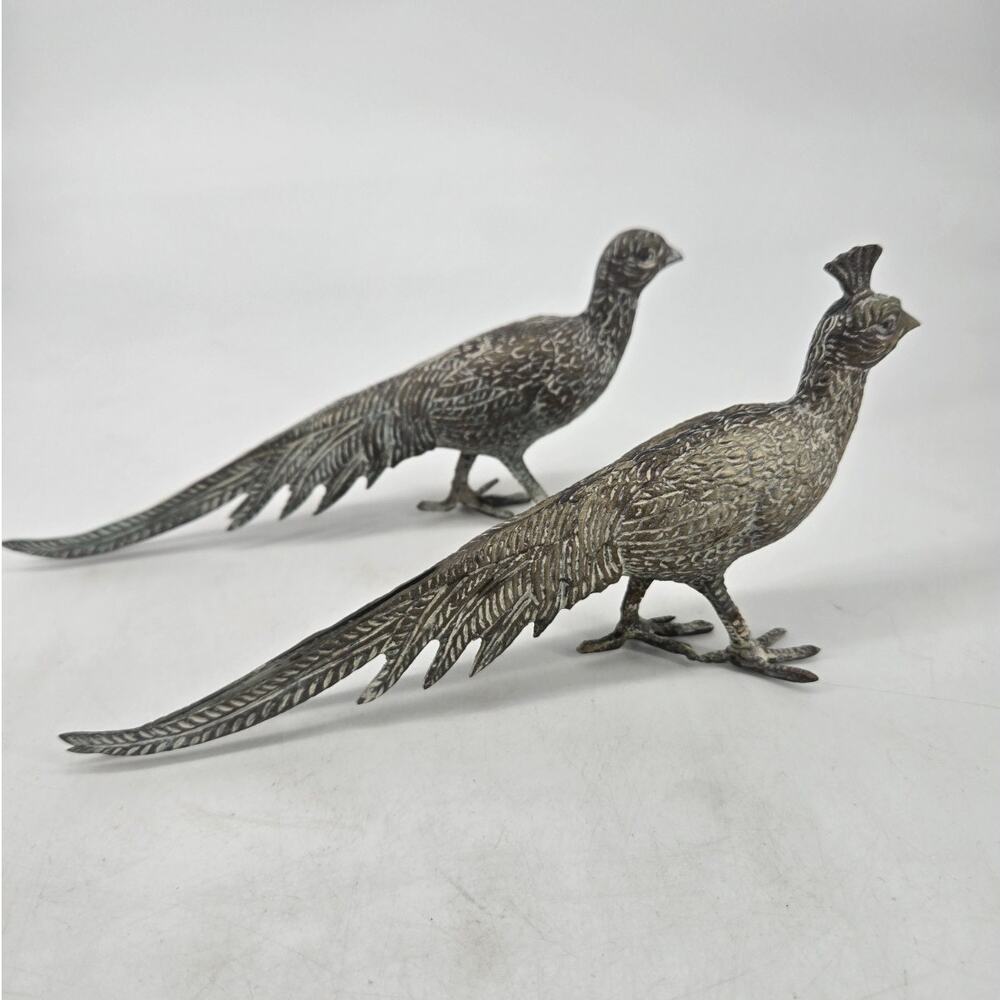 Vtg Patina Cast Metal Pheasant Peacock Figurine Set 8 Inches
